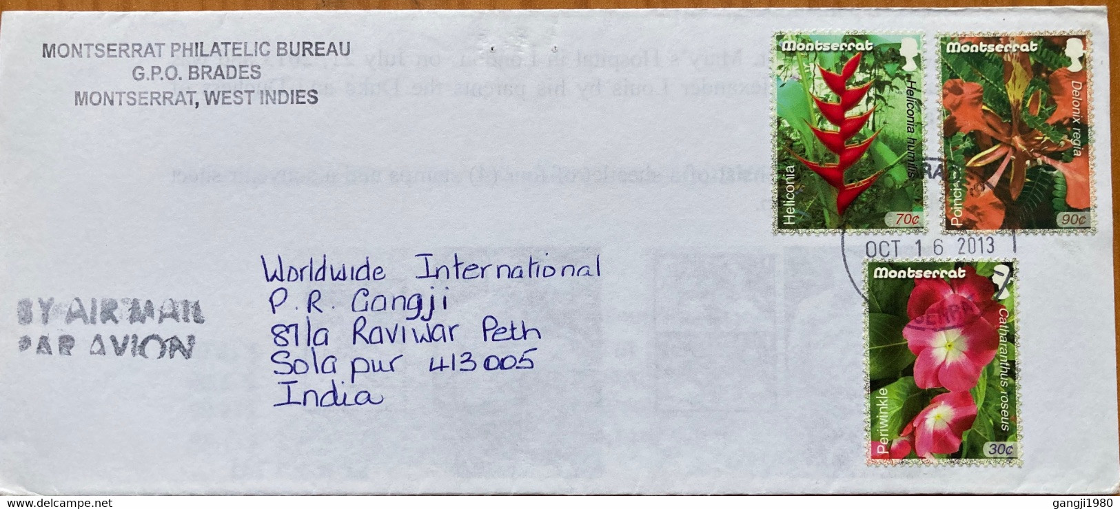 MONTSERRAT 2013, INFORMATION ON ROYAL BABY!!! 3 DIFFERENT FLOWER PLANS STAMPS COVER TO INDIA - Montserrat