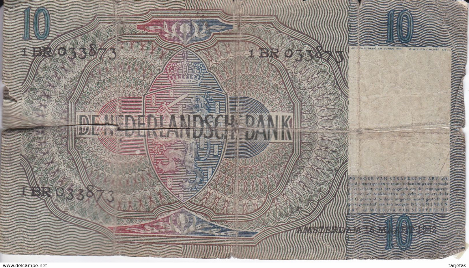 BILLETE DE HOLANDA DE 10 GULDEN DEL AÑO 1942  (BANKNOTE) - 10 Florín Holandés (gulden)