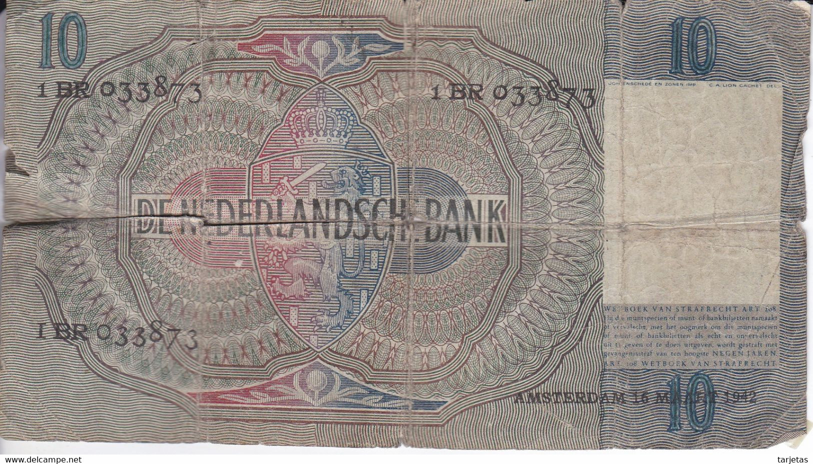 BILLETE DE HOLANDA DE 10 GULDEN DEL AÑO 1942  (BANKNOTE) - 10 Gulden