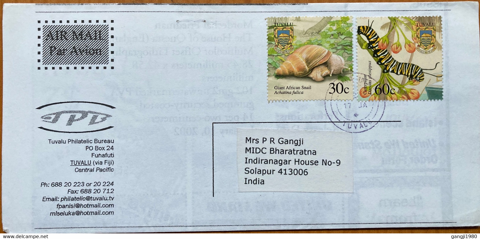 TUVALU 2002, NEWSLETTER STAMP UNITED WE STAND ! DETAILS ,GAINT AFRICA SNAIL ,CATERPILLAR,2 STAMPS COVER TO INDIA - Tuvalu