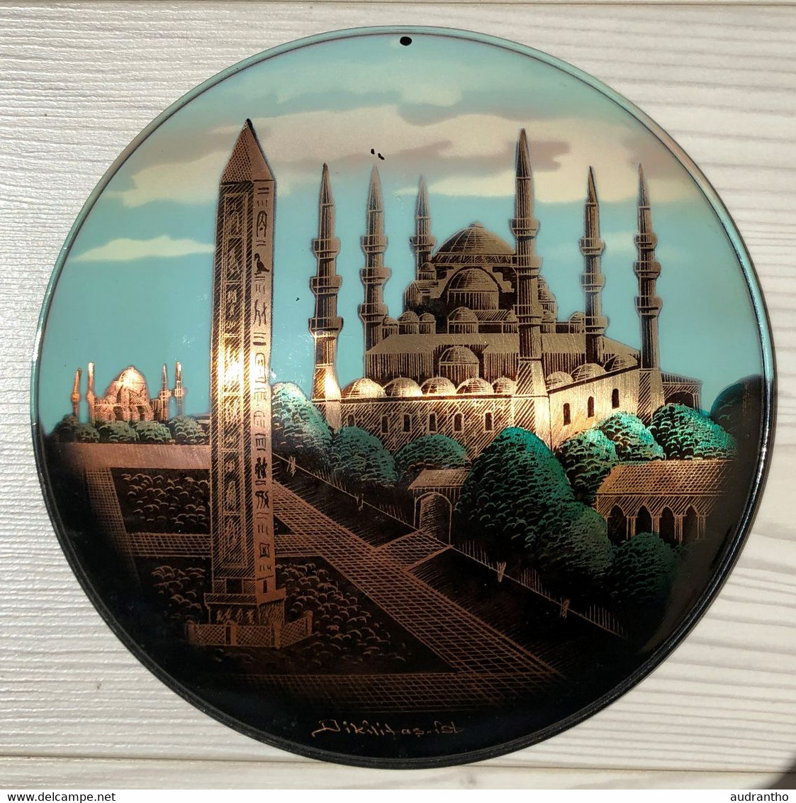 Ancienne Plaque Décorative En Métal Peint Turquie La Mosquée Bleue Ou Sultan Ahmed Camii Istambul - Arte Oriental