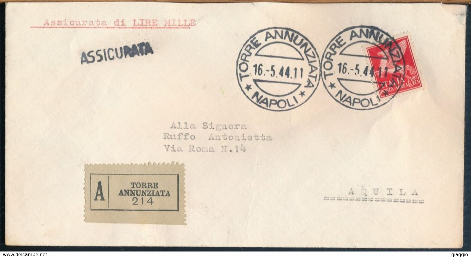 °°° ASSICURATA DA TORRE ANNUNZIATA A L'AQUILA 16/5/44 POSTA AEREA °°° - Assurés