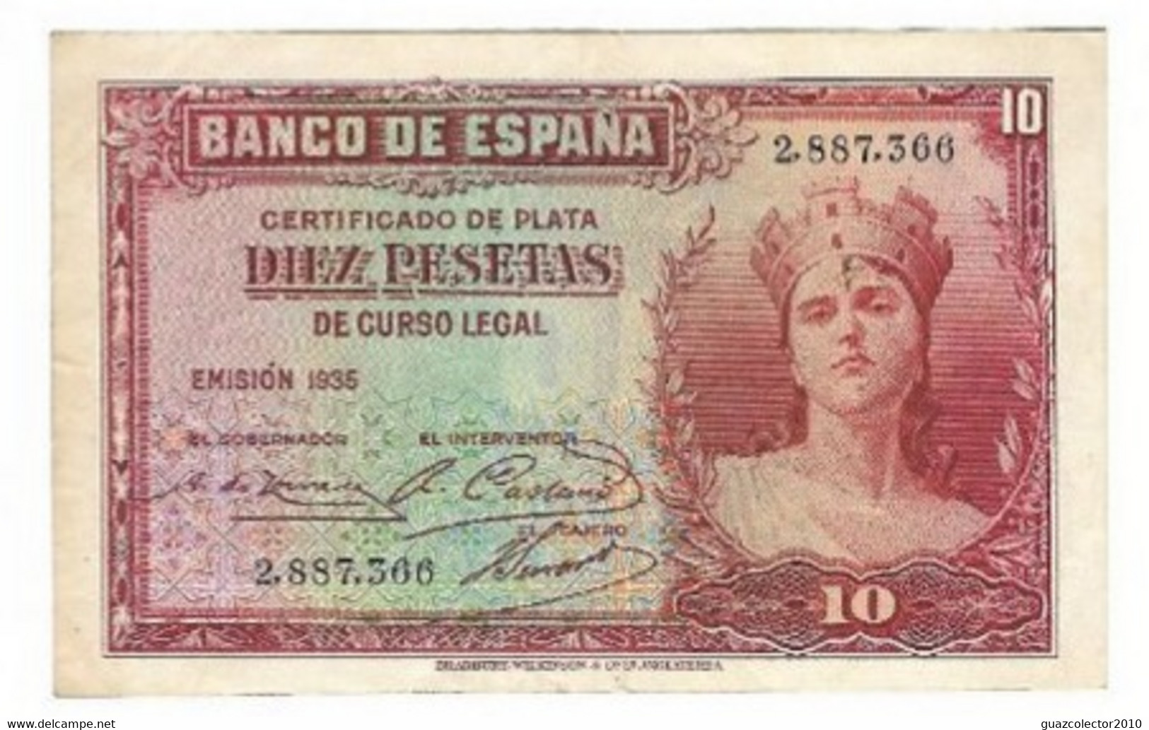 ESPAÑA: 10 PESETAS CERTI. PLATA (II REPUBLICA). AÑO 1935. SIN SERIE. MBC+. IDEAL - 10 Peseten