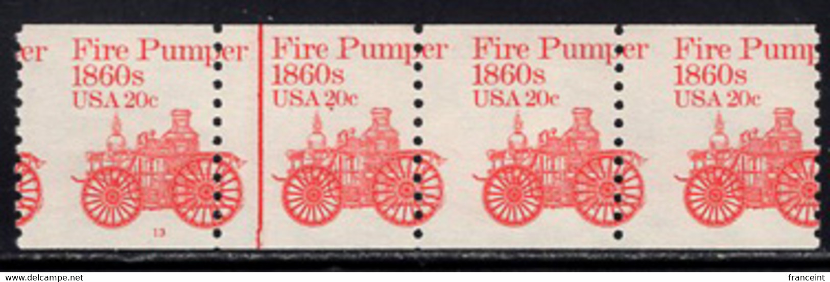 U.S.A.(1981) 1860 Fire Pumper. Vertical Misperforation In Strip Of 4 Cutting Off Part Of The Wheel. Scott No 1908. - Abarten & Kuriositäten