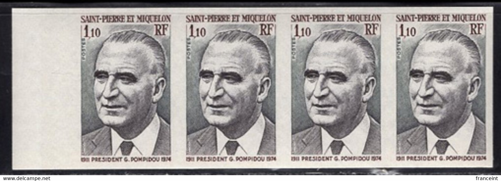 ST. PIERRE & MIQUELON(1976) Pompidou. Imperforate Strip Of 4. Scott No 446, Yvert No 448. - Sin Dentar, Pruebas De Impresión Y Variedades