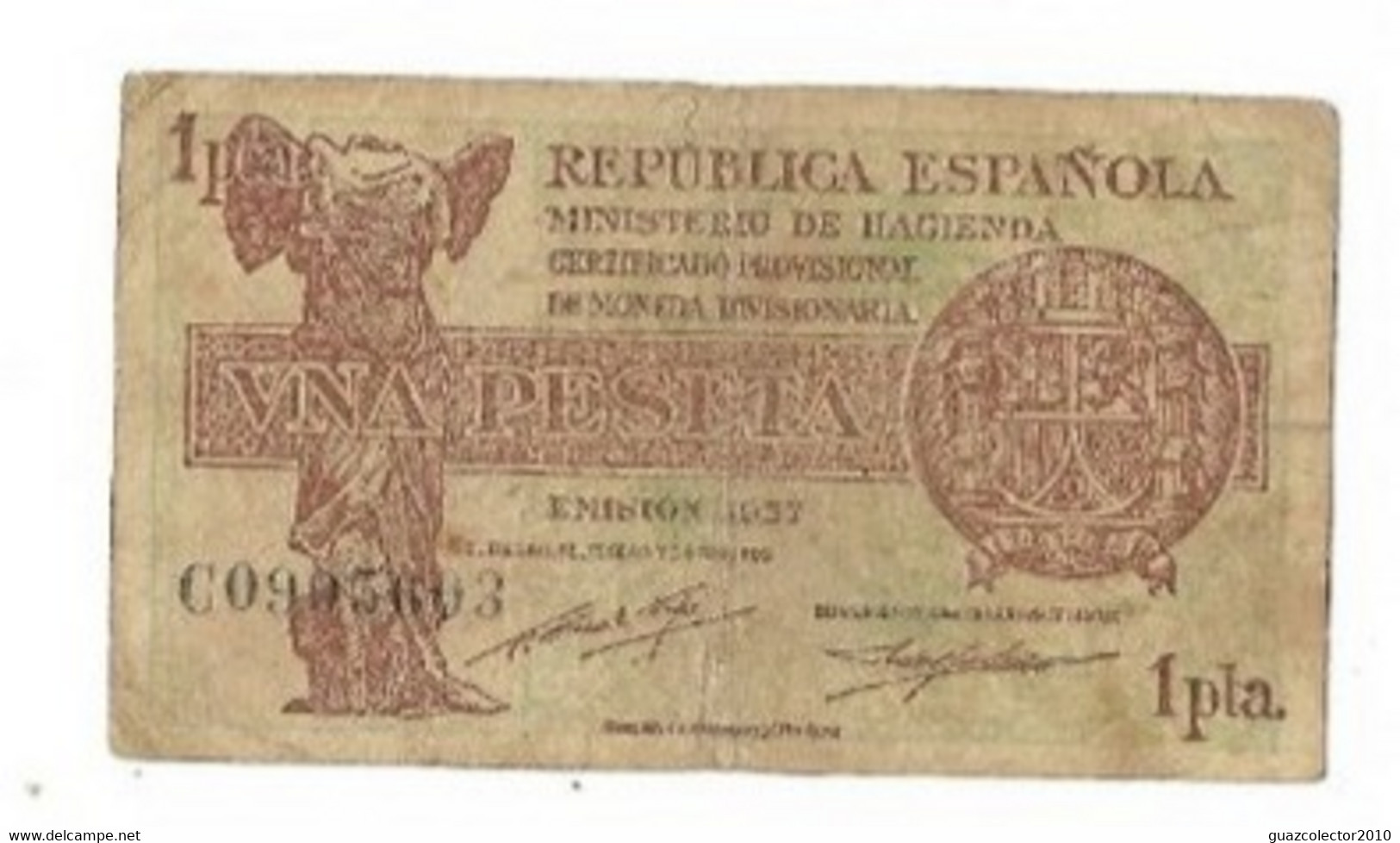 ESPAÑA: 1 PESETA II REPUBLICA (CERT. PLATA). AÑO 1937. "SERIE C". RC+. ENVIO GRATIS. - 1-2 Peseten