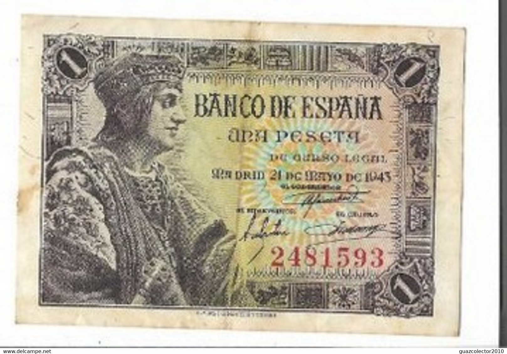 ESPAÑA: 1 PESETA FRANCO (REY FERNANDO). 21 MAYO 1943. SIN SERIE. BC+. IDEAL. - 1-2 Pesetas