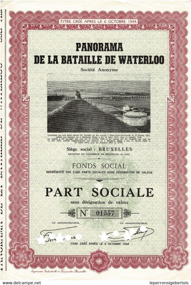 - Titre De 1953 - Panorama De La Bataille De Waterloo - Titre N° 01557 - Tourism