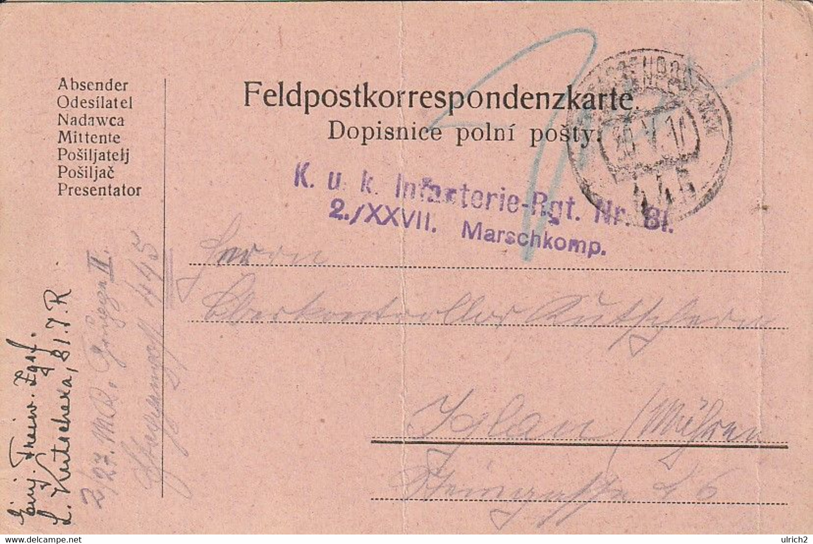 Feldpostkarte - K.u.k. Infanterie-Rgt. 81 - Nach Iglau - 1917 (60722) - Lettres & Documents