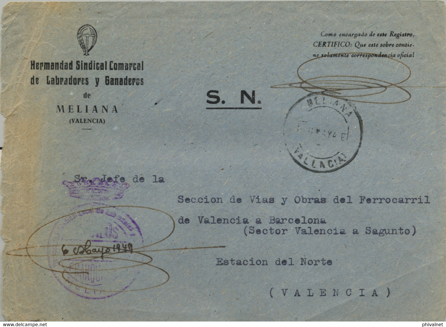 1949 VALENCIA , FRONTAL  DE LA HERMANDAD SINDICAL COMARCAL DE LABRADORES Y GANADEROS DE MELIANA , FRANQUICIA - Lettres & Documents