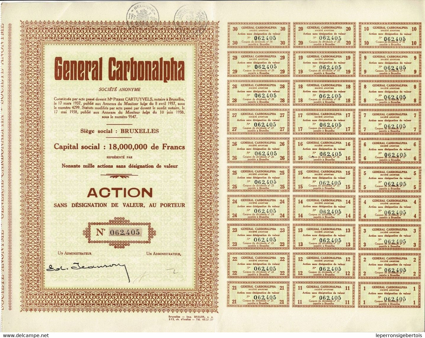 - Titre De 1938 - General Carbonalpha - Titre N° 062405 - Industrie