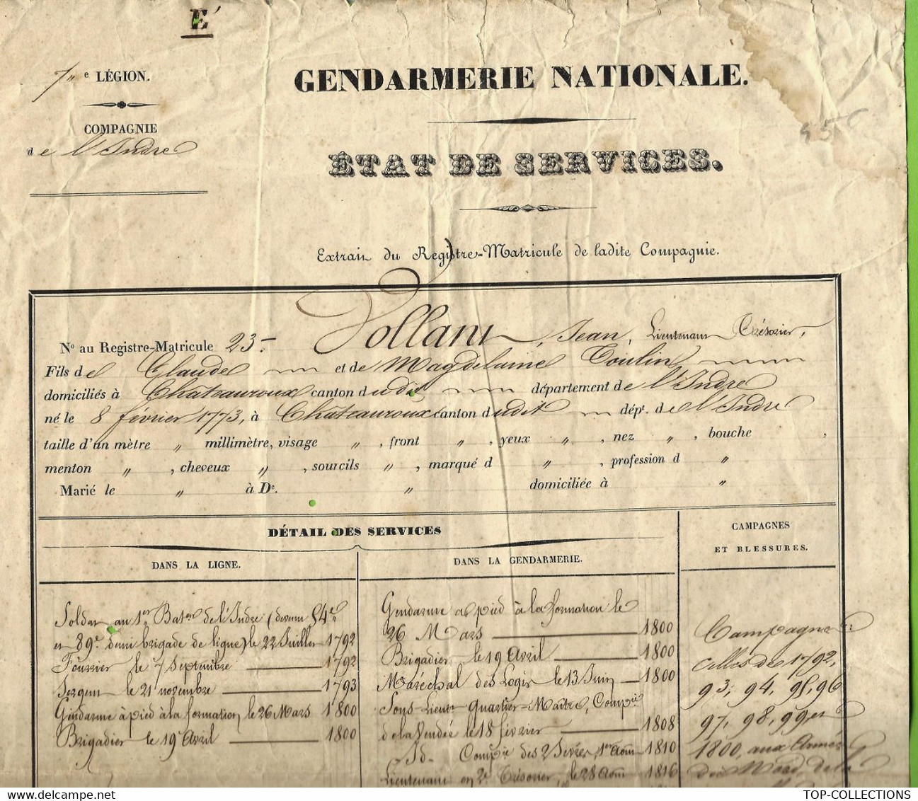 1850 GENDARMERIE NATIONALE ETAT DE SERVICES Jean Vollani SIGNATURES ET CACHETS ETAT COURANT - Historische Documenten