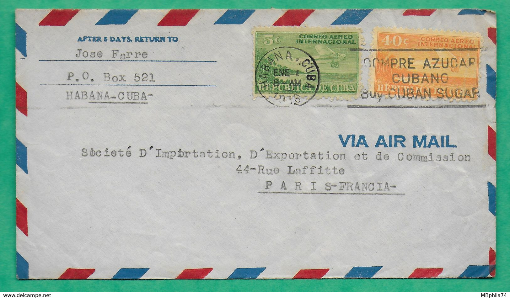 LETTRE COVER CUBA LA HAVANE HABANA POUR PARIS FRANCE VIA AIR MAIL PAR AVION - Posta Aerea