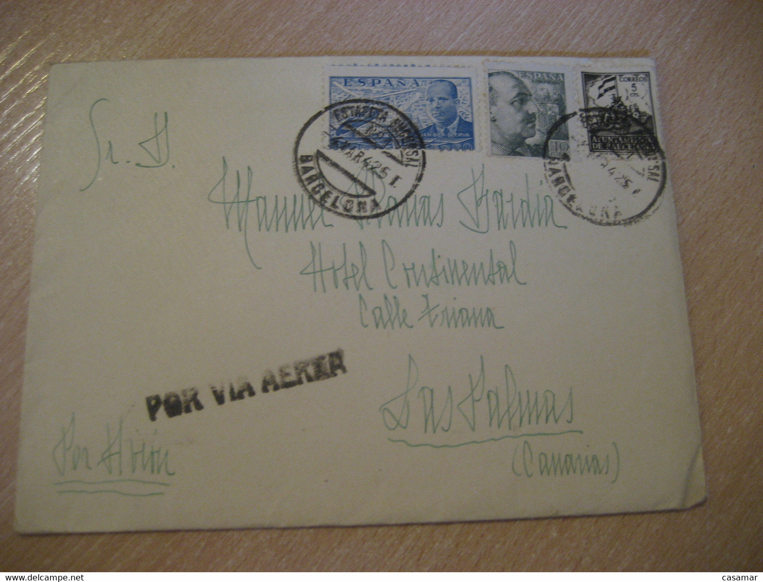 BARCELONA 1942 To Las Palmas Canarias Hotel Continental + Ayuntamiento Stamp On Air Mail Cancel Cover SPAIN - Barcelona