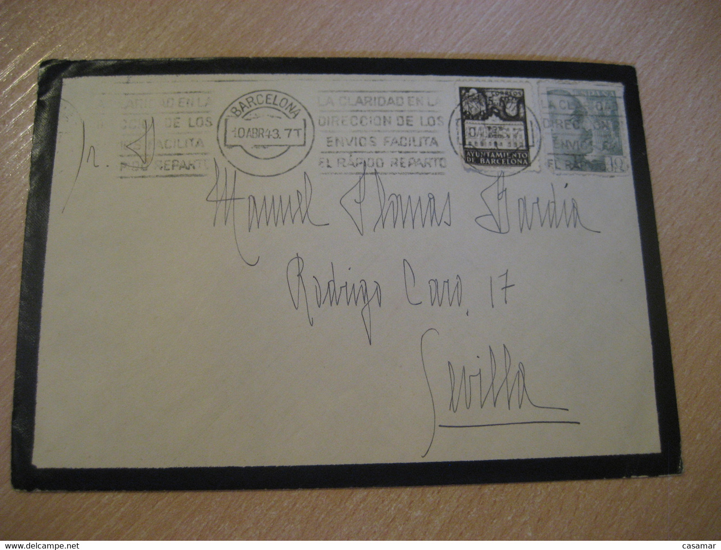 BARCELONA 1943 To Sevilla + Ayuntamiento Stamp On Cancel Duel Condolence Cover SPAIN - Barcelona