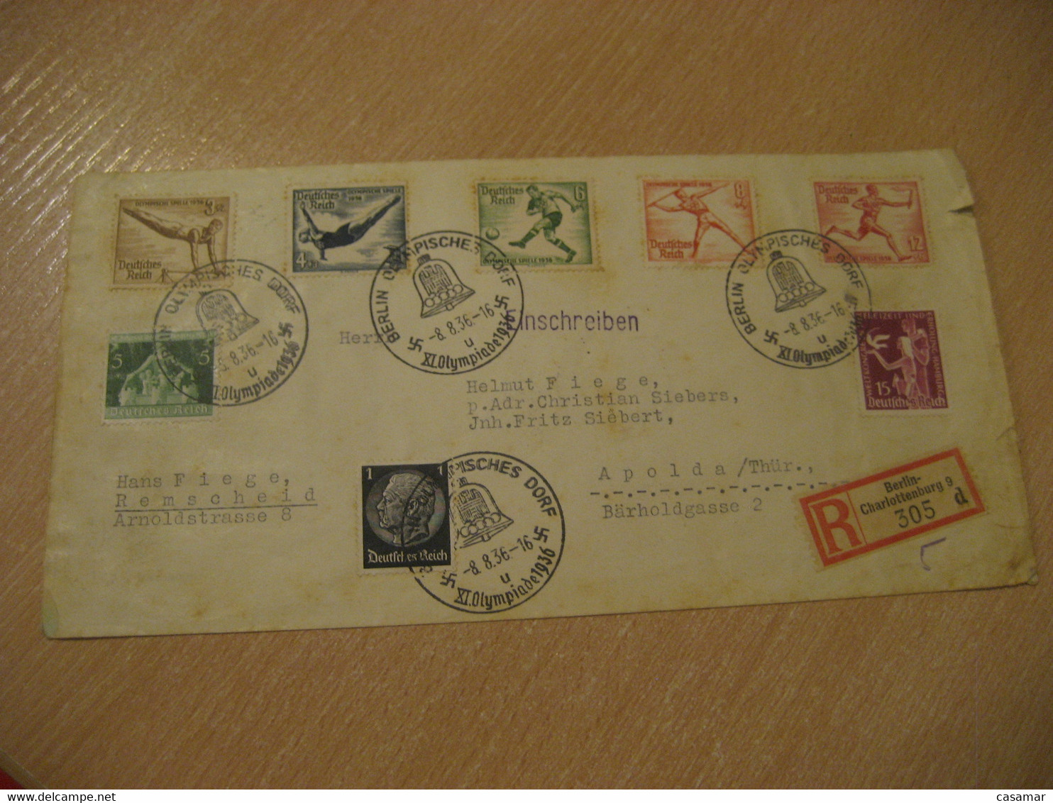 BERLIN 1936 To Apolda Olympisches Dorf Olympic Games Olympics Registered Cancel Cover Third Reich GERMANY - Sommer 1936: Berlin