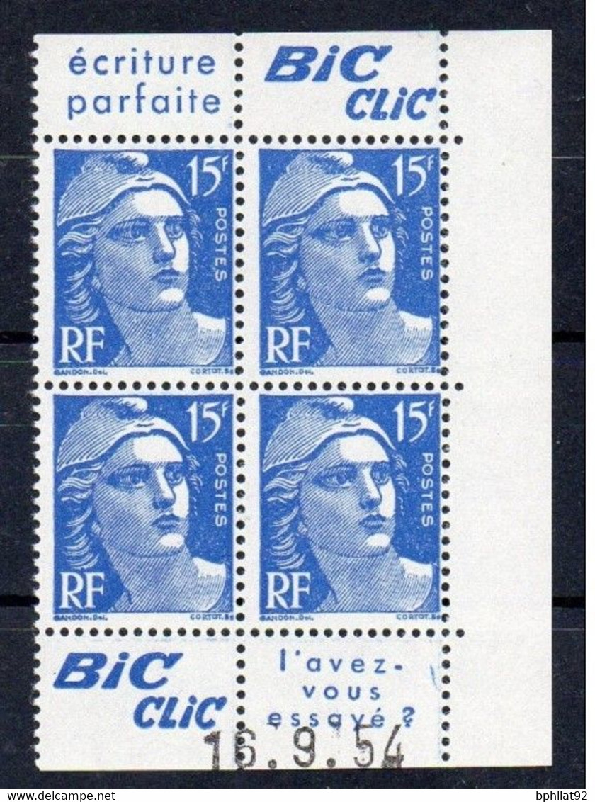 !!! 15 F MARIANNE DE GANDON BLOC DE 4 AVEC PUBS BIC CLIC ET COIN DATE NEUF ** - 1950-1959