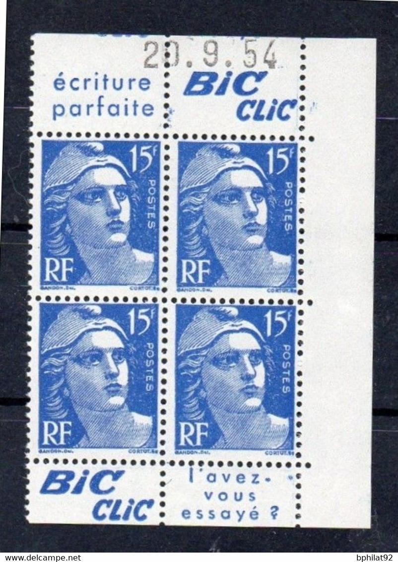 !!! 15 F MARIANNE DE GANDON BLOC DE 4 AVEC PUBS BIC CLIC ET COIN DATE NEUF ** - 1950-1959