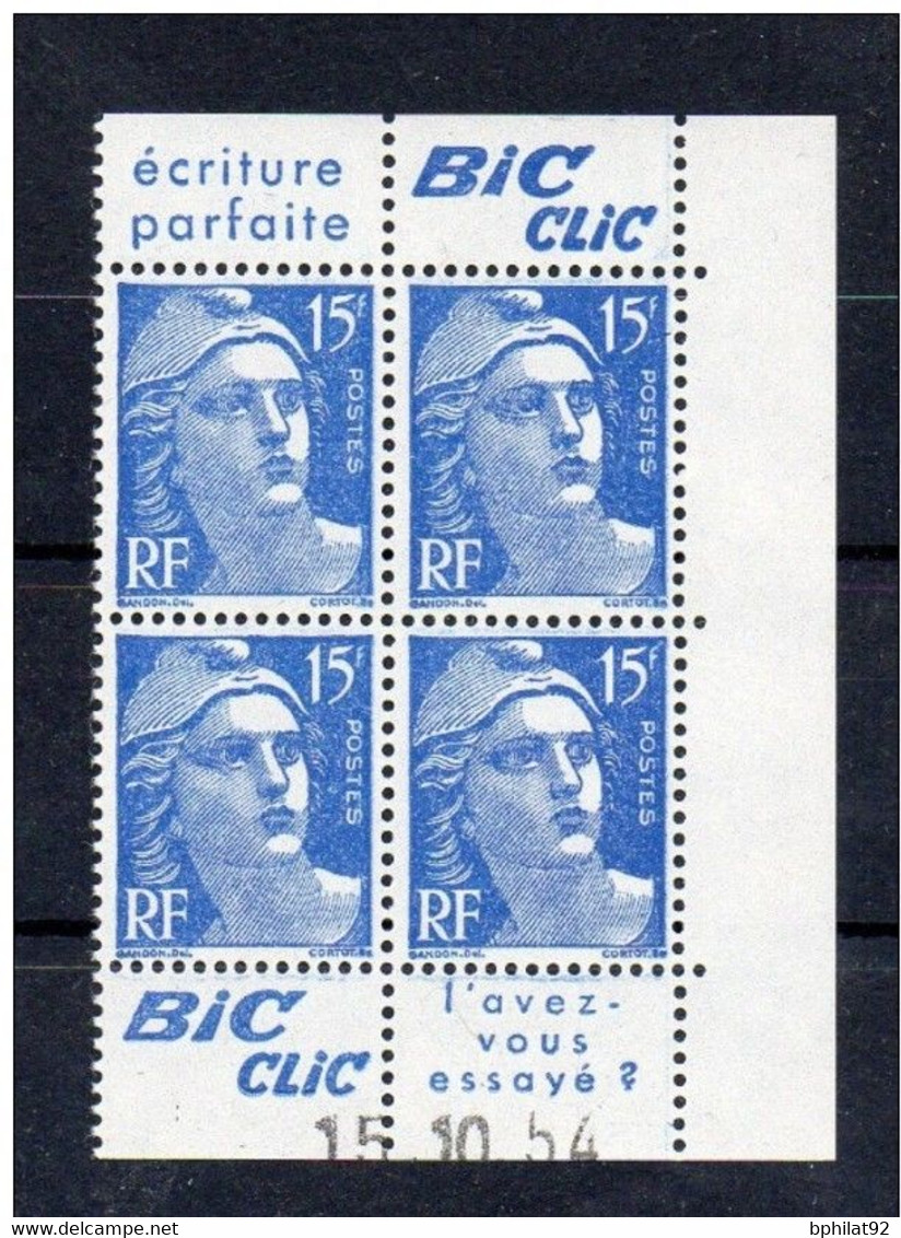 !!! 15 F MARIANNE DE GANDON BLOC DE 4 AVEC PUBS BIC CLIC ET COIN DATE NEUF ** - 1950-1959