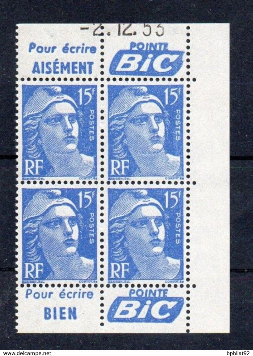 !!! 15 F MARIANNE DE GANDON BLOC DE 4 AVEC PUBS POINTE BIC ET COIN DATE NEUF ** - 1950-1959