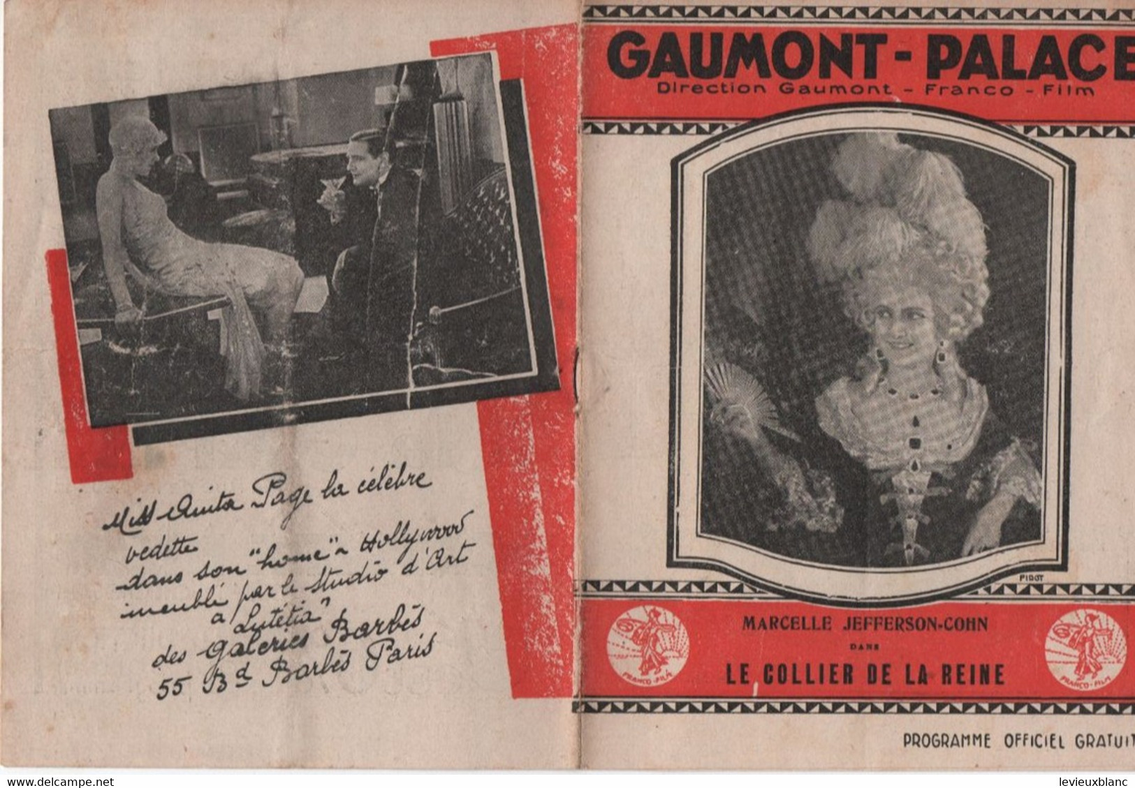 Cinéma/ Programme Officiel Gratuit/ GAUMONT-PALACE/ Marcelle JEFFERSON-COHN/ "Le Collier De La Reine"/1929        CIN120 - Programma's