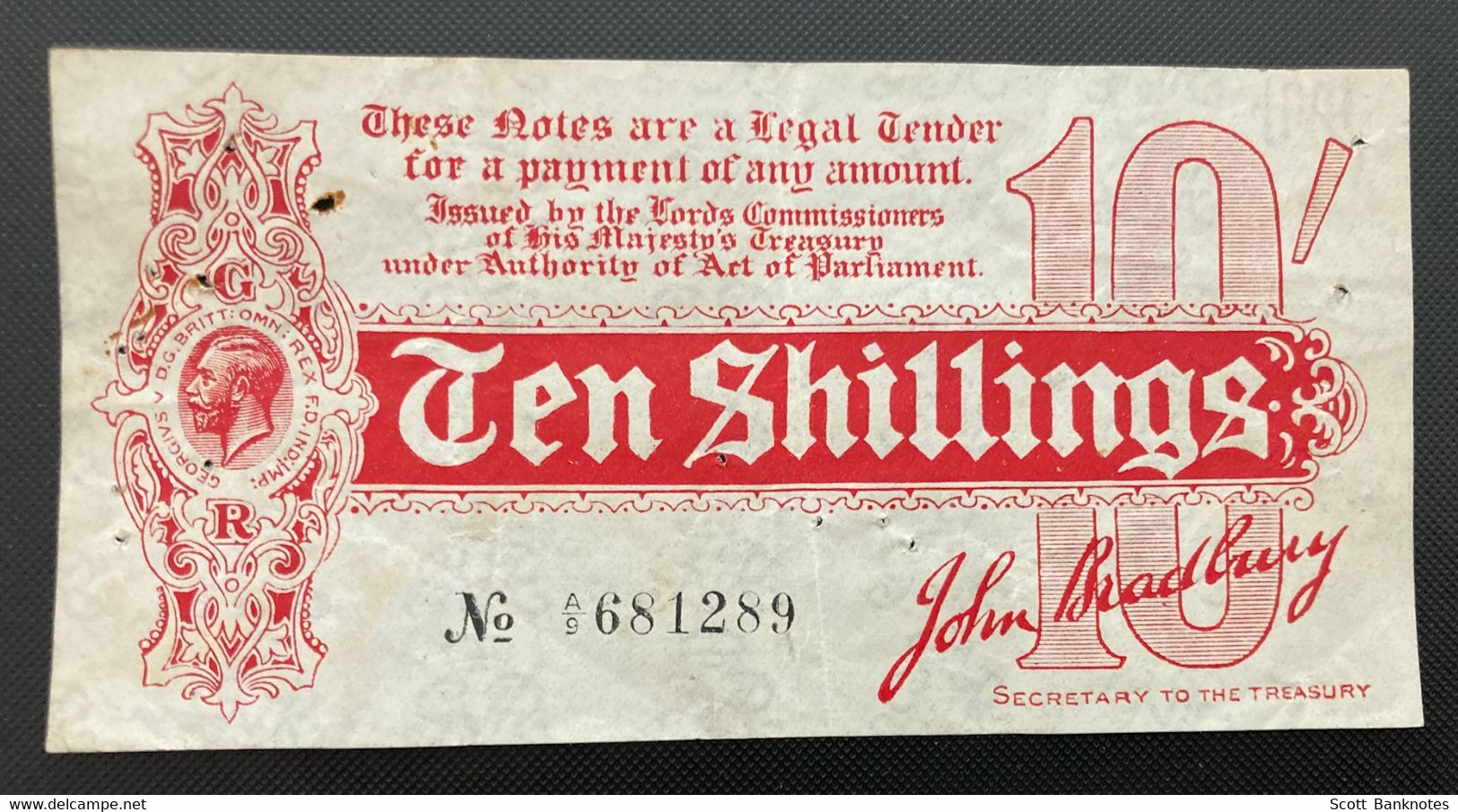 EMP T9 John Bradbury. Serial A9 681289 Treasury Banknote 14 August 1914 - 10 Shillings