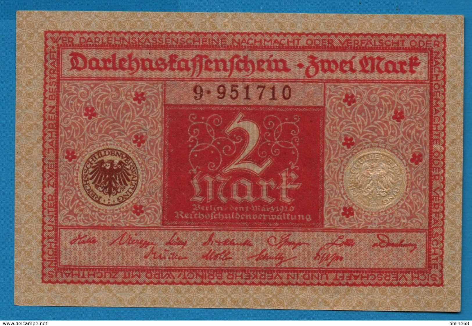 DEUTSCHES REICH 2 MARK 01.03.1920  # 9.951710 P# 59  DARLEHENSKASSENSCHEIN - Reichsschuldenverwaltung