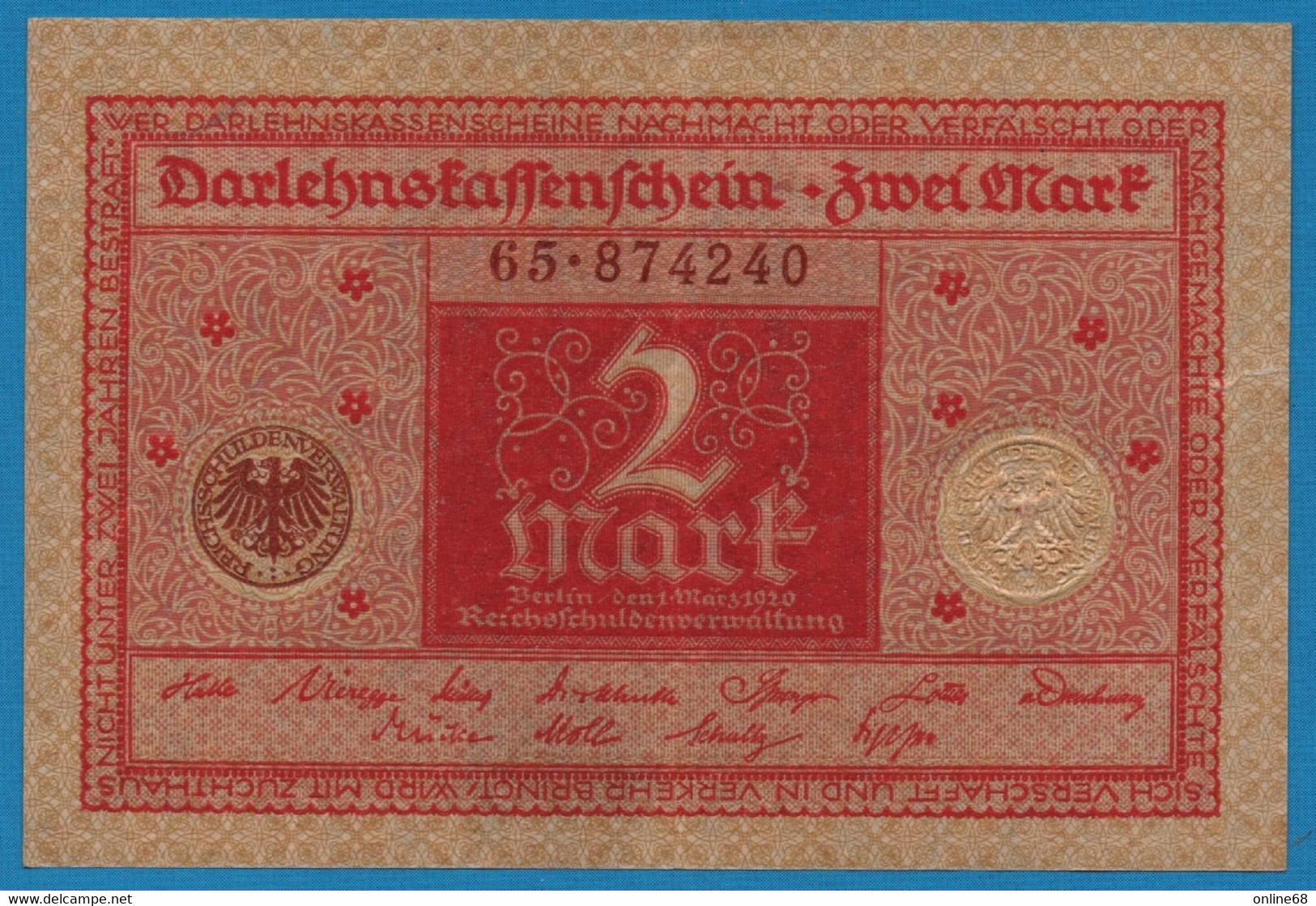 DEUTSCHES REICH 2 MARK 01.03.1920  # 65.872240 P# 59  DARLEHENSKASSENSCHEIN - Amministrazione Del Debito