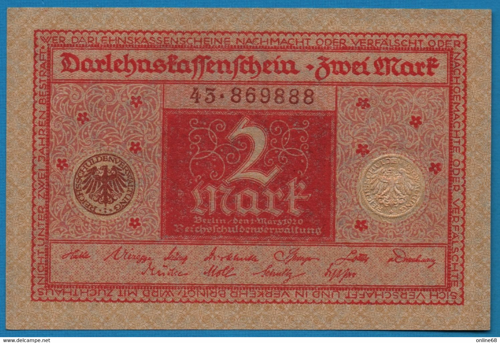 DEUTSCHES REICH 2 MARK 01.03.1920  # 43.869888 P# 59  DARLEHENSKASSENSCHEIN - Reichsschuldenverwaltung