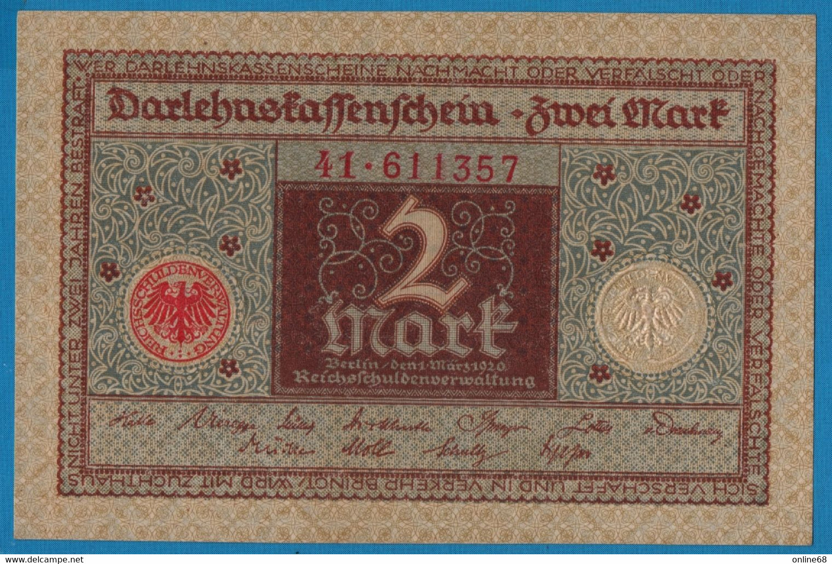 DEUTSCHES REICH 2 MARK 01.03.1920  # 41.611357 P# 60  DARLEHENSKASSENSCHEIN - Imperial Debt Administration