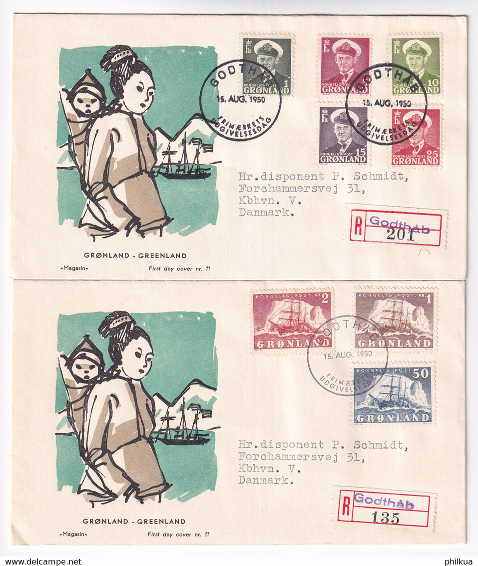 FDC - MiNr. 28–32, 34–36  Dänemark Grönland 1950, 15. Aug./1960. Freimarken: König Frederik IX. Und Arktisschiff - Storia Postale