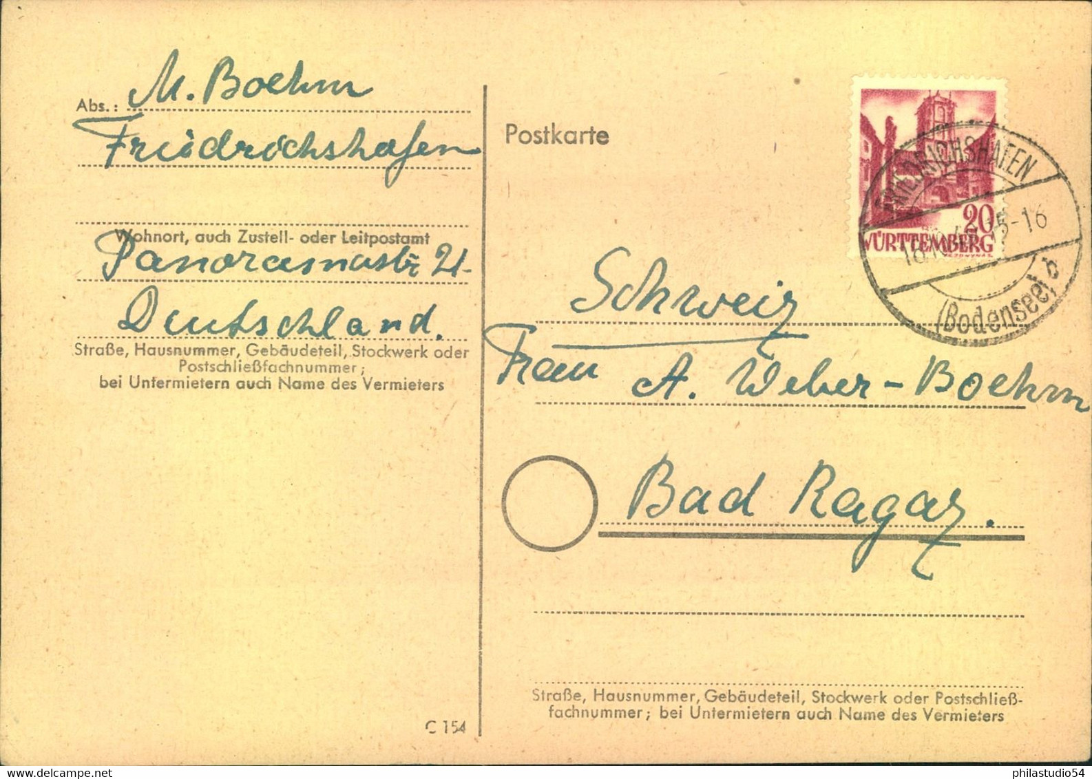 1949, 20 Pf  Freimarke Als EF Auf  Postkarte Ab FRIEDRICHSHAFEN In Die Schweiz. - Otros & Sin Clasificación