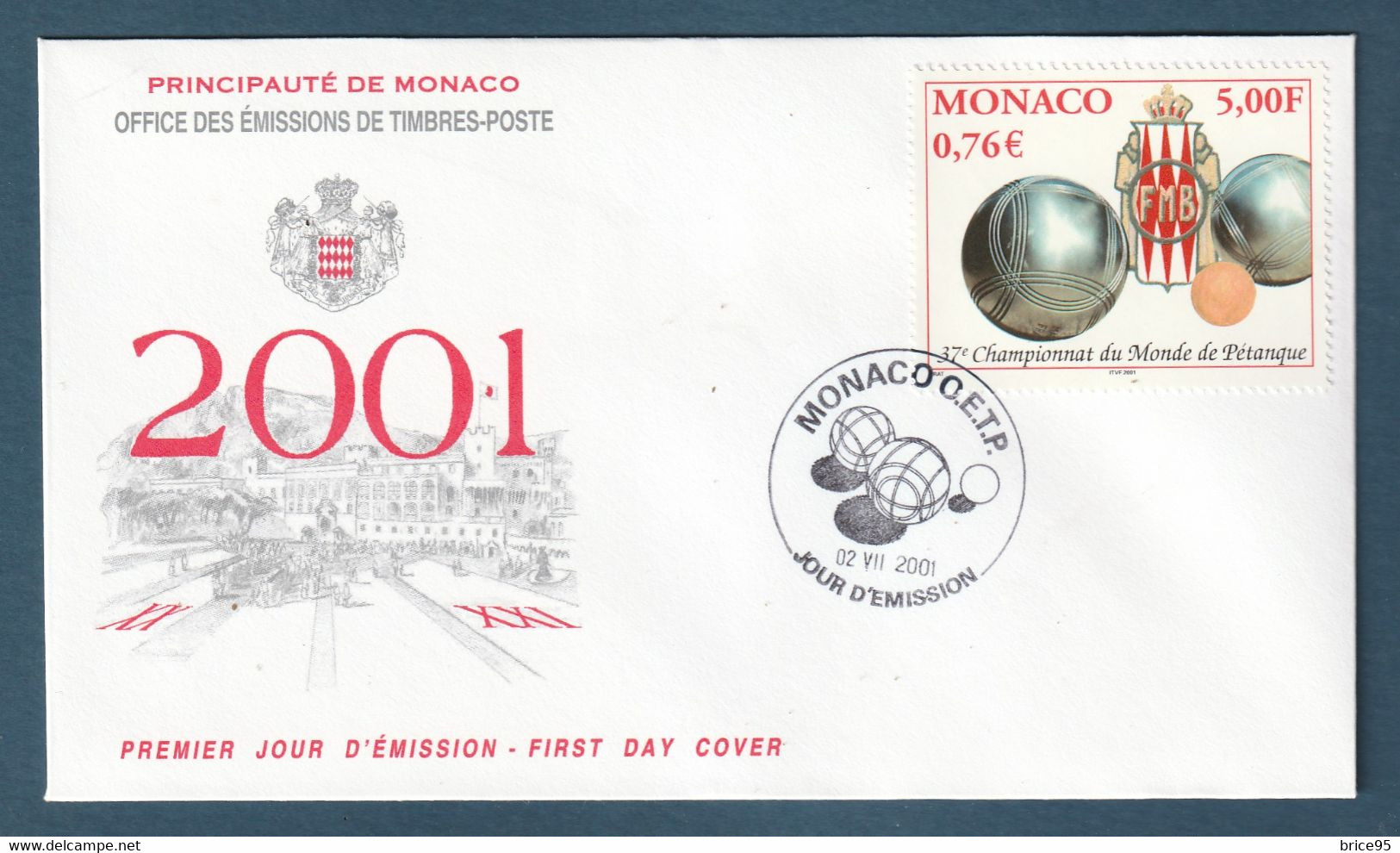 ⭐ Monaco - FDC - Premier Jour - YT N° 2303 - Championnat Du Monde De Pétanque - 2001 ⭐ - FDC