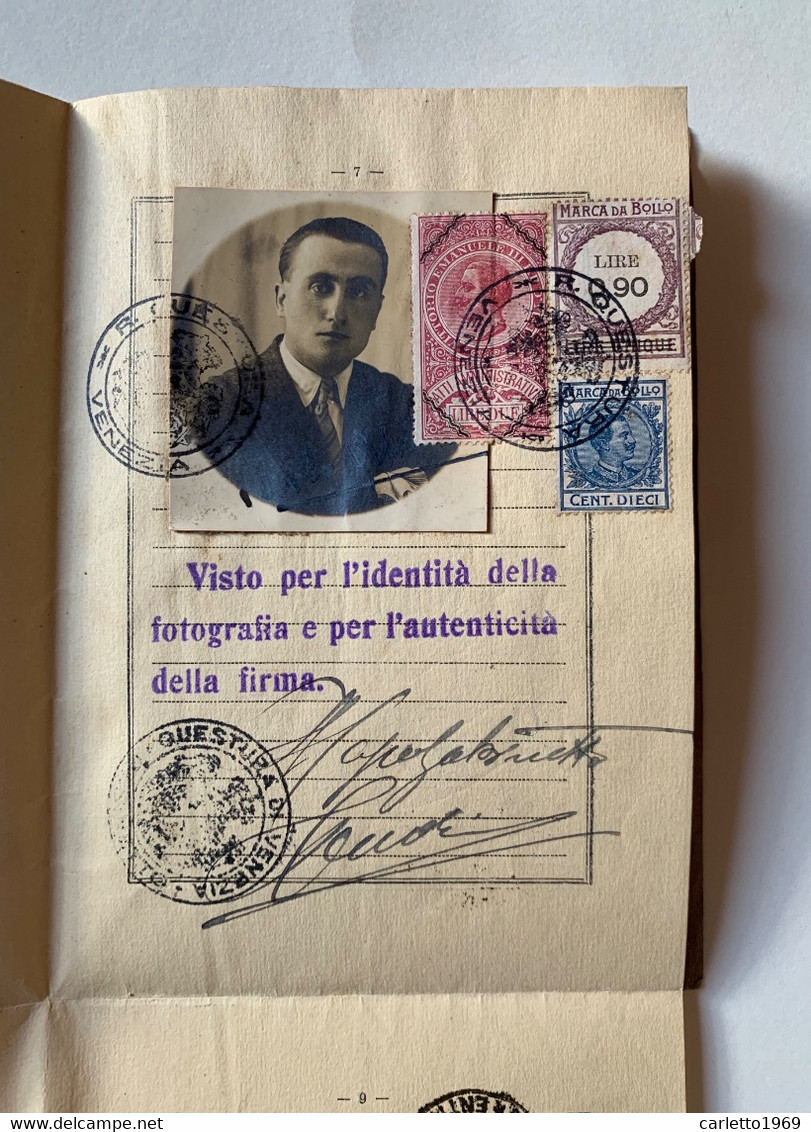 PASSAPORTO REGNO D’ITALIA RILASCIATO NEL 1926 A VENEZIA A TENENTE DI VASCELLO REGIA MARINA - Documents Historiques
