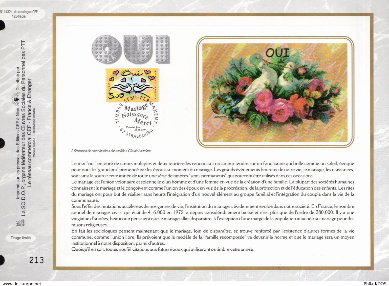 &#x1F496;" COLOMBE / OUI / MARIAGE " Sur Feuillet CEF 1er Jour N°té Sur Soie De 1999. N° YT 3229. Parfait état. FDC - Pigeons & Columbiformes