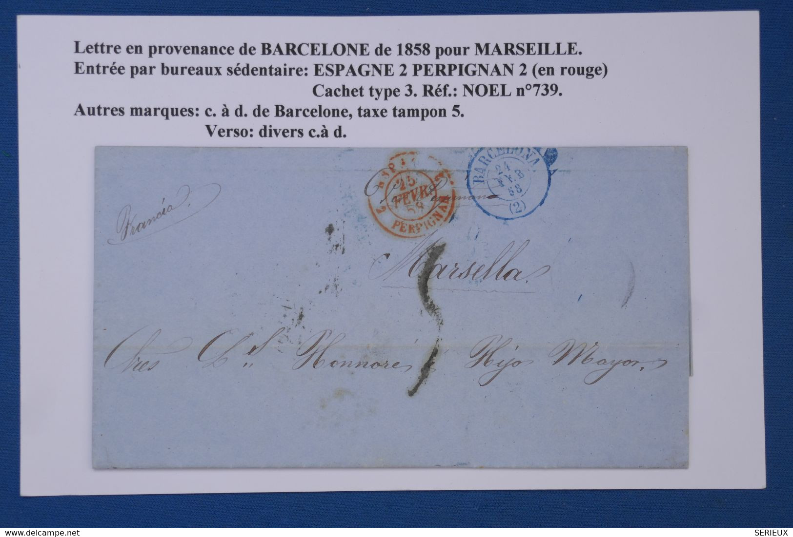 R31 ESPANA  BELLE LETTRE 1858  BARCELONA   A  MARSEILLE   FRANCE  + +AFFRANC.  INTERESSANT - Lettres & Documents