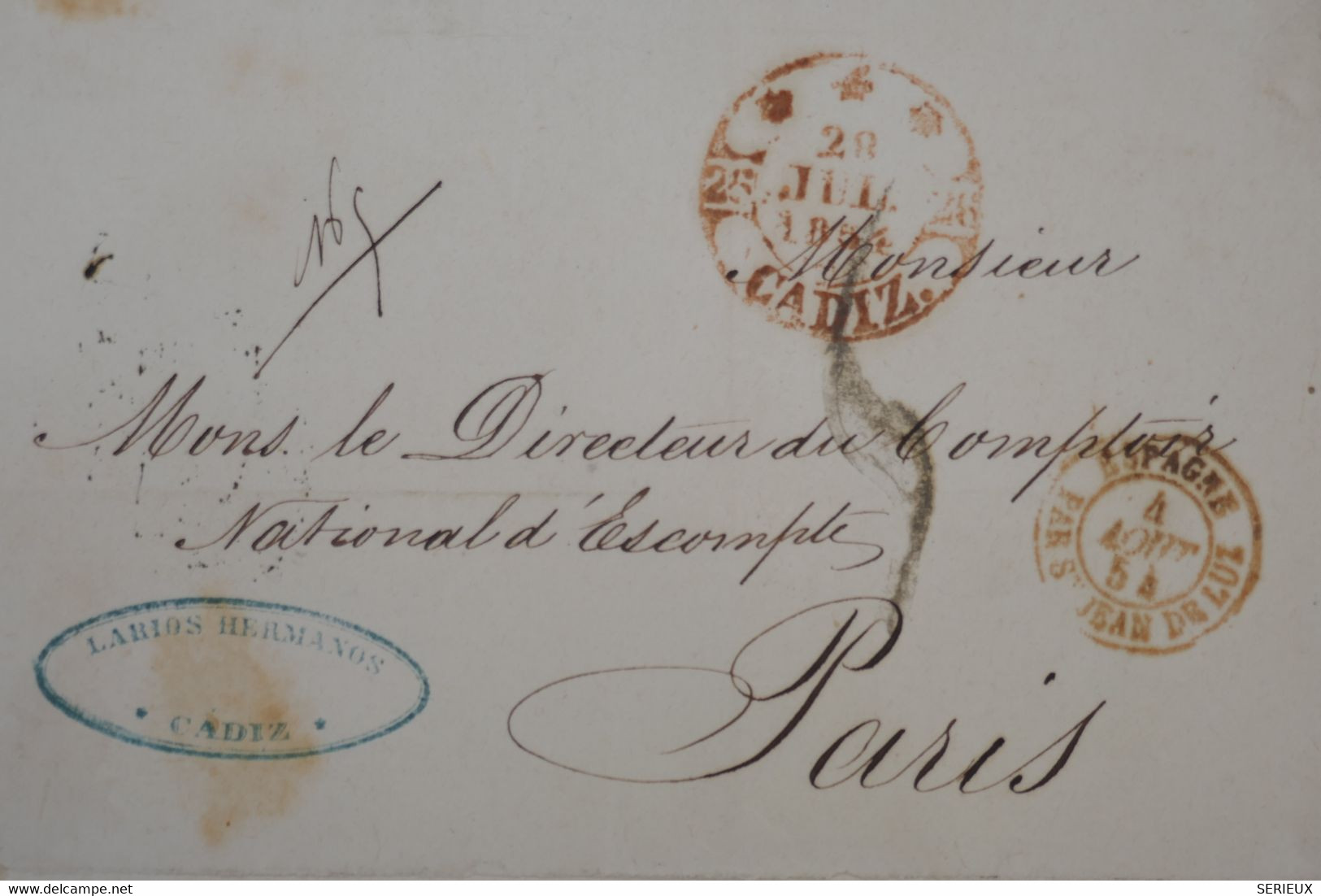 R31 ESPANA   LETTRE DEVANT  1854 CADIZ  A  PARIS    FRANCE  VIA ST JEAN DE LUZ+ +AFFRANC.  INTERESSANT - Brieven En Documenten