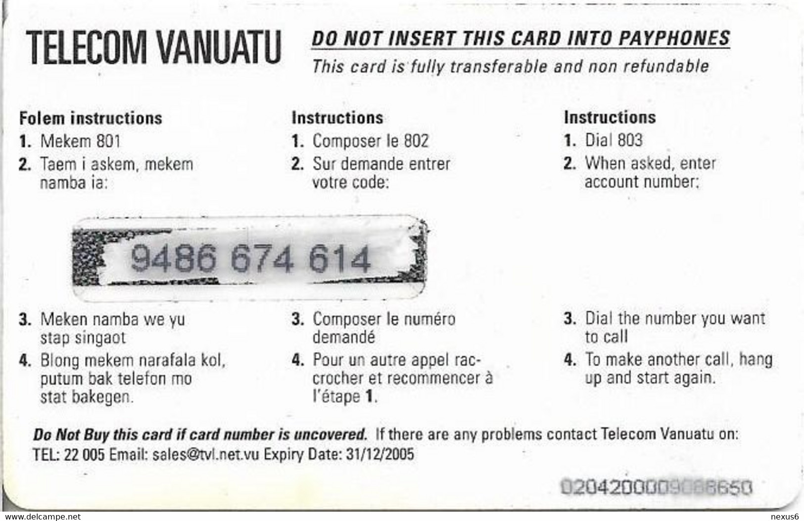 Vanuatu - Telecom Vanuatu - TVL Logo, Exp.31.12.2005, Remote Mem. 450Vt, Used - Vanuatu