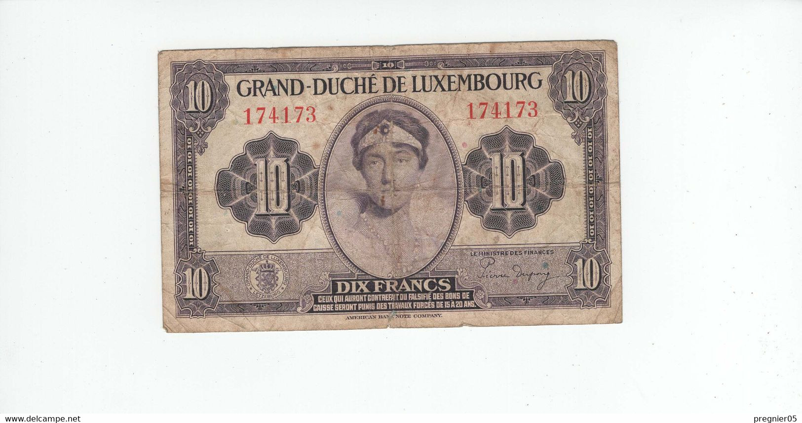 LUXEMBOURG Billet 10 Francs 1944 TB P.44 Sans Série 174173 - Lussemburgo