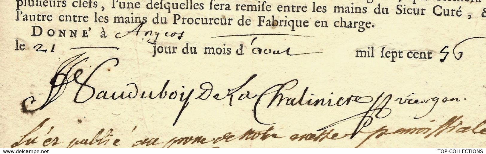 RELIGION MAINE ET LOIRE 1756 Entête DIOCESE  ANGERS Sign. Saudubois De La Chalinière Vicaire Général Paroisse De Tiercé - Autres & Non Classés