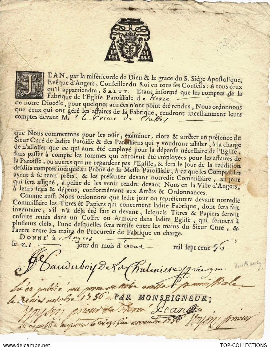 RELIGION MAINE ET LOIRE 1756 Entête DIOCESE  ANGERS Sign. Saudubois De La Chalinière Vicaire Général Paroisse De Tiercé - Sonstige & Ohne Zuordnung