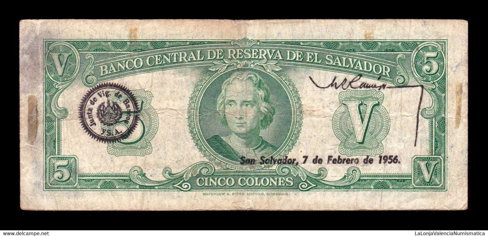 El Salvador 5 Colones 1955 Pick 92a BC/MBC F/VF - Salvador