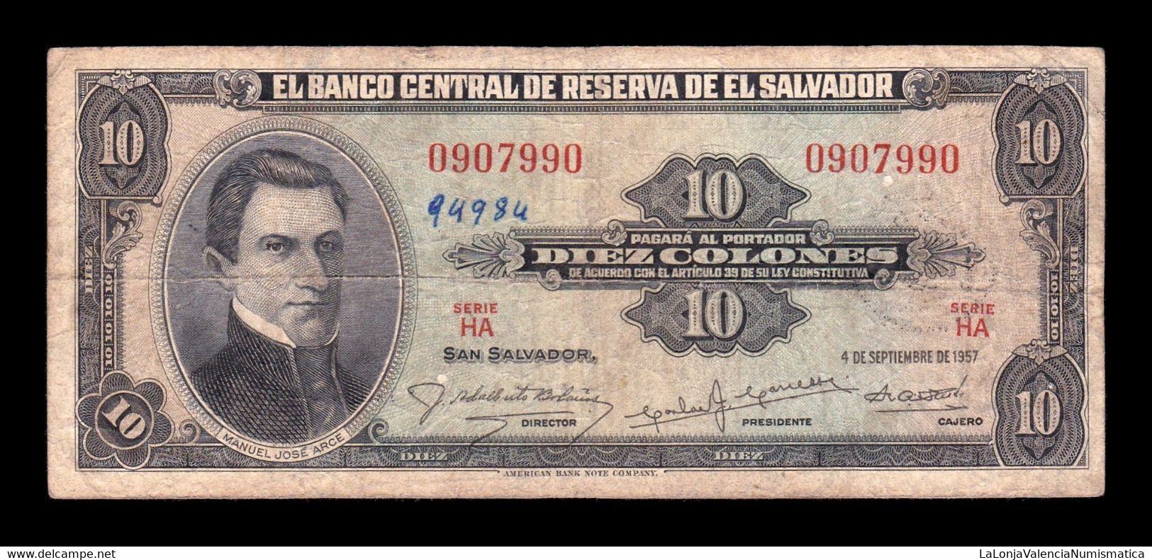 El Salvador 10 Colones 1957 Pick 96 BC F - Salvador