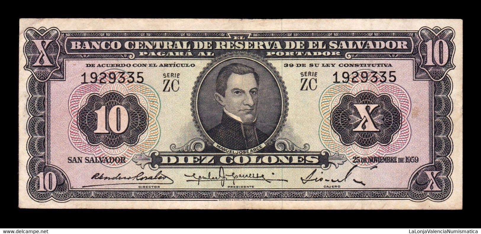 El Salvador 10 Colones 1959 Pick 99b BC/MBC F/VF - El Salvador