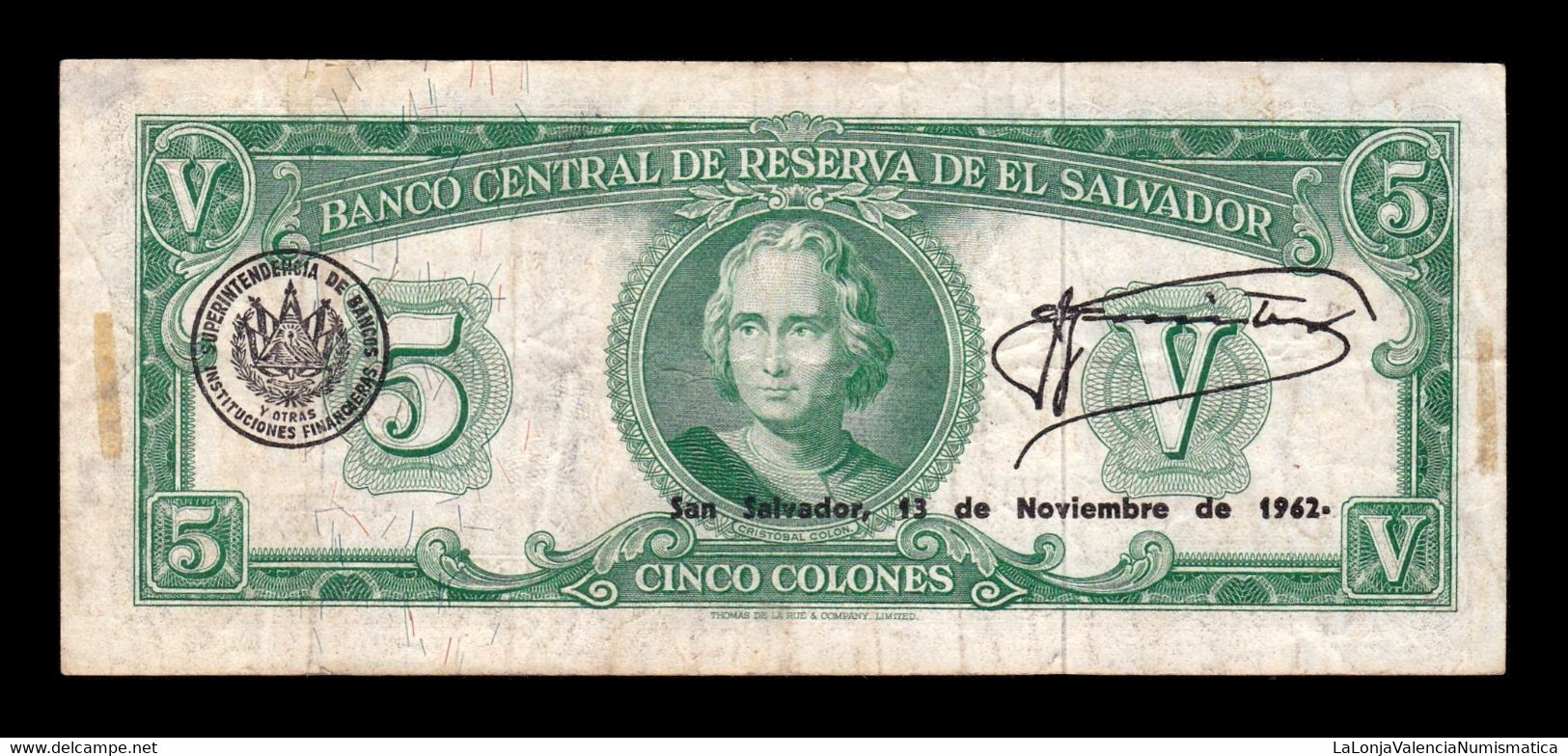 El Salvador 5 Colones 1962 Pick 102a BC/MBC F/VF - El Salvador