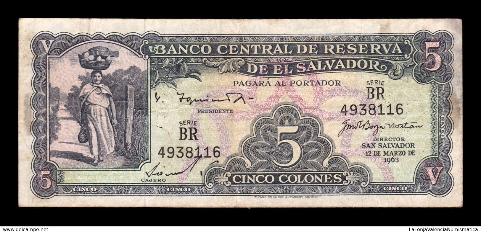 El Salvador 5 Colones 1963 Pick 102b BC/MBC F/VF - Salvador