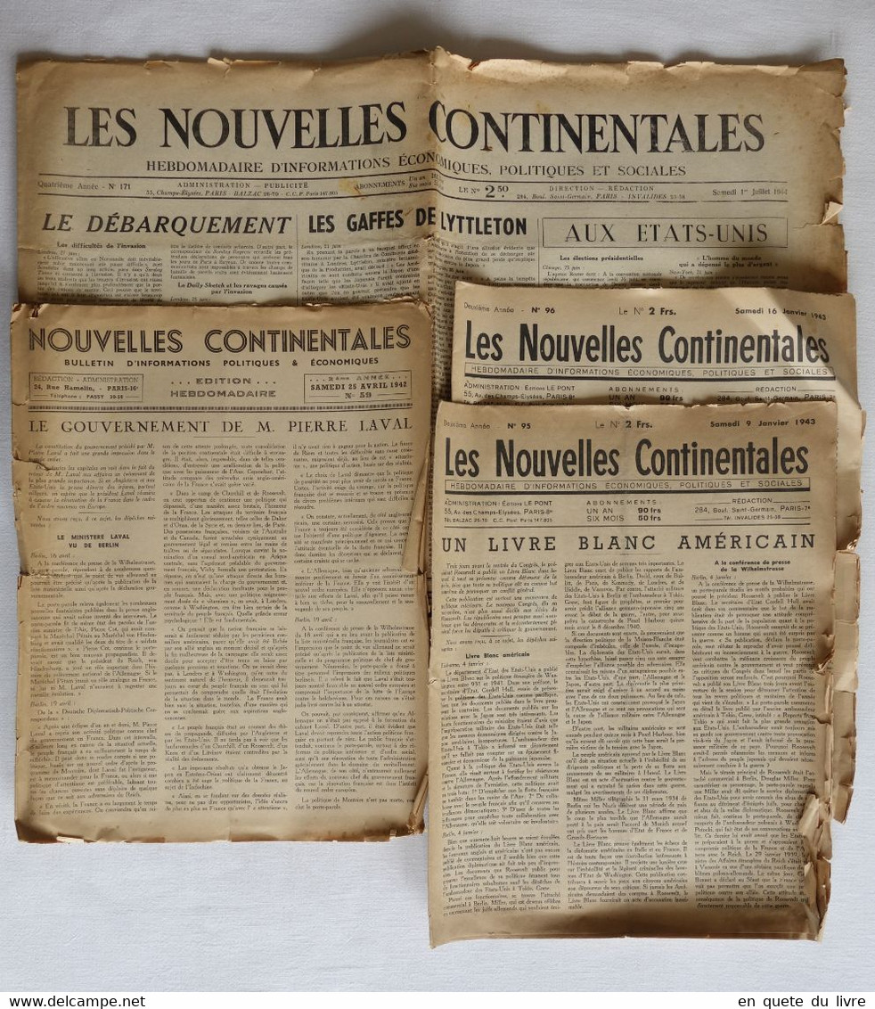 Lot 4 Journaux Hebdomadaires Les Nouvelles Continentales 1942 / 1943 / 1944 - WW2 / Propagande / Vichy / Collaboration - 1939-45