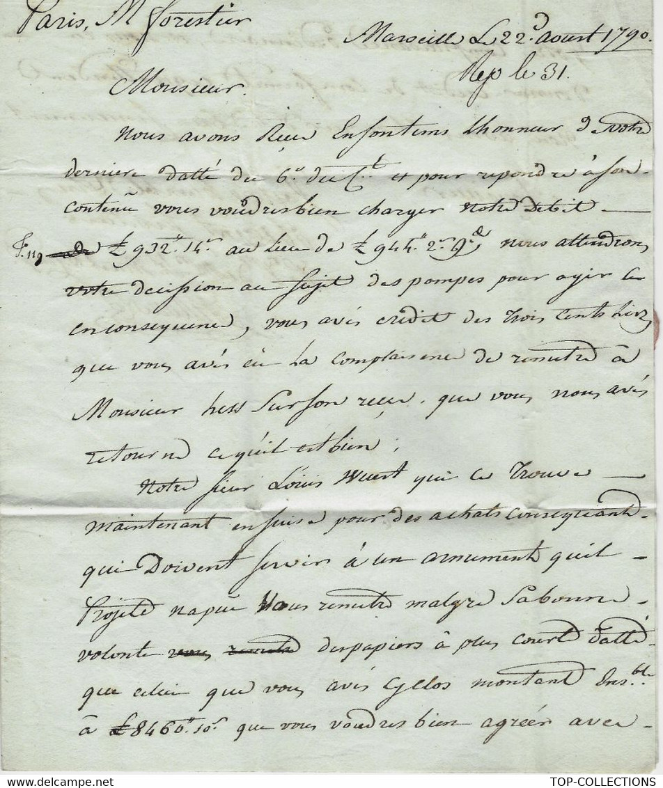 1787 BANQUE FINANCE SUISSE De MARSEILLE ET TRESORIER DES GARDES SUISSES Louis Wuest Pour Forestier B.E.V.SCANS+HIST. - Historical Documents