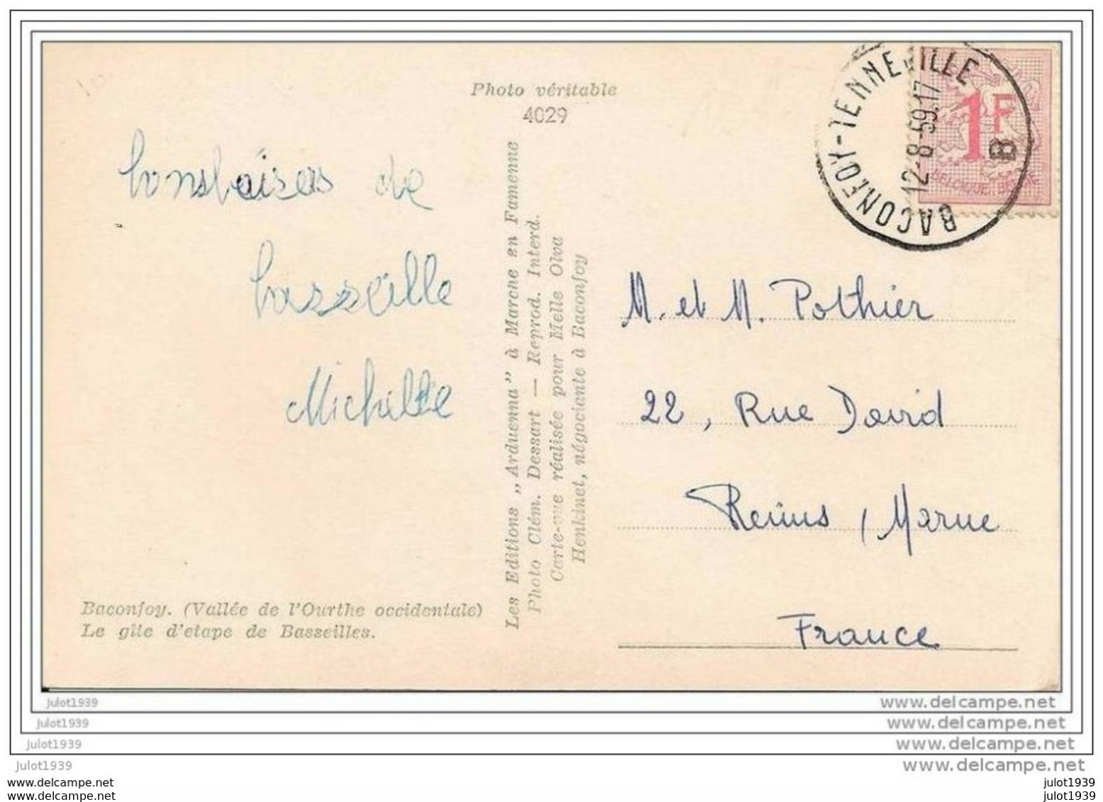 BASSEILLES ..-- TENNEVILLE  ..-- Le Gite à BASEILLES . 1959 Vers REIMS ( Mr Mme POTHIER ) . Voir Verso . - Tenneville