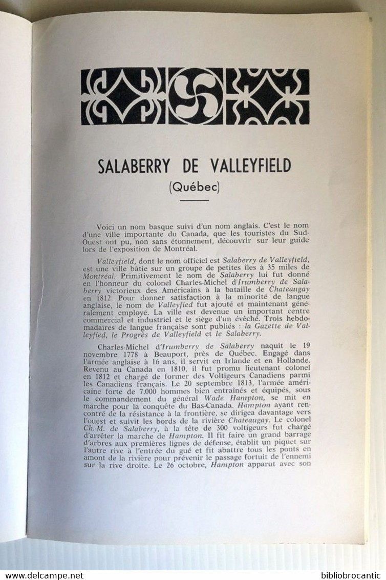 BULLETIN MUSEE BASQUE N°39(1°T.1968) < SALABERRY De VALLEYFIELD(QUEBEC)/CAGOTS/CHRONIQUES  DISERSE/Sommairesur Scan - Pays Basque